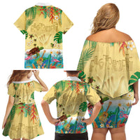 Hawaiian Alohawaii Family Matching Off Shoulder Short Dress and Hawaiian Shirt Tropical Plants and Animals on The Beach LT03 - Polynesian Pride
