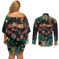 Hawaiian Alohawaii Couples Matching Off Shoulder Short Dress and Long Sleeve Button Shirt Tribal Sea Animals Tattoo and Tropical Plants LT03 - Polynesian Pride