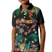 Hawaiian Alohawaii Kid Polo Shirt Tribal Sea Animals Tattoo and Tropical Plants LT03 Kid Black - Polynesian Pride