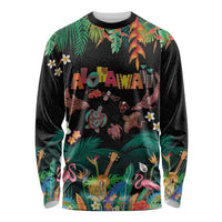 Hawaiian Alohawaii Long Sleeve Shirt Tribal Sea Animals Tattoo and Tropical Plants LT03 Unisex Black - Polynesian Pride