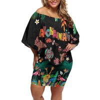 Hawaiian Alohawaii Off Shoulder Short Dress Tribal Sea Animals Tattoo and Tropical Plants LT03 Women Black - Polynesian Pride