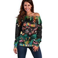 Hawaiian Alohawaii Off Shoulder Sweater Tribal Sea Animals Tattoo and Tropical Plants LT03 Women Black - Polynesian Pride