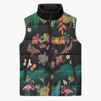 Hawaiian Alohawaii Sleeveless Puffer Jacket Tribal Sea Animals Tattoo and Tropical Plants LT03 Unisex Black - Polynesian Pride