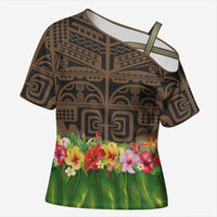 Hawaiian Hula Costume Cross Shoulder Shirt Tribal Tattoo and Tropical Plants Skirt LT03 Female Brown - Polynesian Pride