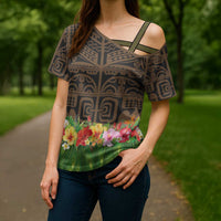 Hawaiian Hula Costume Cross Shoulder Shirt Tribal Tattoo and Tropical Plants Skirt LT03 - Polynesian Pride