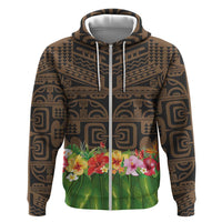 Hawaiian Hula Costume Hoodie Tribal Tattoo and Tropical Plants Skirt LT03 Zip Hoodie Brown - Polynesian Pride