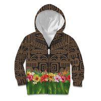 Hawaiian Hula Costume Kid Hoodie Tribal Tattoo and Tropical Plants Skirt LT03 Zip Hoodie Brown - Polynesian Pride