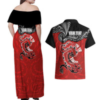 Personalised Aotearoa Toitu Te Tiriti Couples Matching Off Shoulder Maxi Dress and Hawaiian Shirt Taniwha Tribal Motifs LT03 - Polynesian Pride