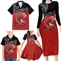 Personalised Aotearoa Toitu Te Tiriti Family Matching Long Sleeve Bodycon Dress and Hawaiian Shirt Taniwha Tribal Motifs LT03 - Polynesian Pride