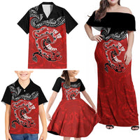 Personalised Aotearoa Toitu Te Tiriti Family Matching Off Shoulder Maxi Dress and Hawaiian Shirt Taniwha Tribal Motifs LT03 - Polynesian Pride