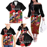 Aotearoa Toitu Te Tiriti Family Matching Off The Shoulder Long Sleeve Dress and Hawaiian Shirt Waitangi-Honour The Treaty NZ Tuatara and Plants LT03 - Polynesian Pride