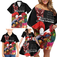 Aotearoa Toitu Te Tiriti Family Matching Off Shoulder Short Dress and Hawaiian Shirt Waitangi-Honour The Treaty NZ Tuatara and Plants LT03 - Polynesian Pride