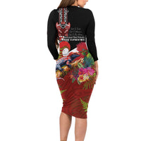Aotearoa Toitu Te Tiriti Long Sleeve Bodycon Dress Waitangi-Honour The Treaty NZ Tuatara and Plants LT03 - Polynesian Pride