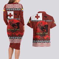 Tonga ANZAC Day Couples Matching Long Sleeve Bodycon Dress and Hawaiian Shirt Gallipoli Lest We Forget Ngatu Art Tribal LT03 - Polynesian Pride