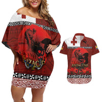 Tonga ANZAC Day Couples Matching Off Shoulder Short Dress and Hawaiian Shirt Gallipoli Lest We Forget Ngatu Art Tribal LT03 Red - Polynesian Pride