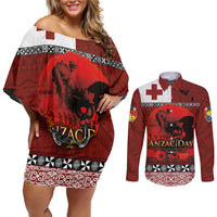 Tonga ANZAC Day Couples Matching Off Shoulder Short Dress and Long Sleeve Button Shirt Gallipoli Lest We Forget Ngatu Art Tribal LT03 Red - Polynesian Pride