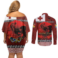 Tonga ANZAC Day Couples Matching Off Shoulder Short Dress and Long Sleeve Button Shirt Gallipoli Lest We Forget Ngatu Art Tribal LT03 - Polynesian Pride