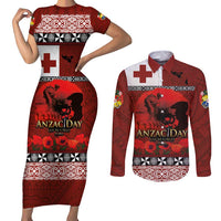 Tonga ANZAC Day Couples Matching Short Sleeve Bodycon Dress and Long Sleeve Button Shirt Gallipoli Lest We Forget Ngatu Art Tribal LT03 Red - Polynesian Pride