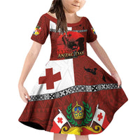 Tonga ANZAC Day Family Matching Off Shoulder Short Dress and Hawaiian Shirt Gallipoli Lest We Forget Ngatu Art Tribal LT03 Daughter's Dress Red - Polynesian Pride