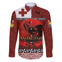 Tonga ANZAC Day Family Matching Puletasi and Hawaiian Shirt Gallipoli Lest We Forget Ngatu Art Tribal LT03 Dad's Shirt - Long Sleeve Red - Polynesian Pride