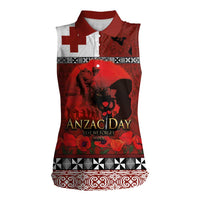 Tonga ANZAC Day Women Sleeveless Polo Shirt Gallipoli Lest We Forget Ngatu Art Tribal LT03 Female Red - Polynesian Pride
