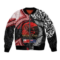 Tonga and New Zealand ANZAC Day Bomber Jacket Gallipoli Lest We Forget Ngatu Art Tribal and Maori Tattoo with Fern LT03 Unisex Black - Polynesian Pride