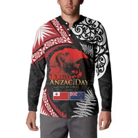 Tonga and New Zealand ANZAC Day Button Sweatshirt Gallipoli Lest We Forget Ngatu Art Tribal and Maori Tattoo with Fern LT03 - Polynesian Pride