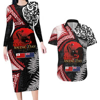 Tonga and New Zealand ANZAC Day Couples Matching Long Sleeve Bodycon Dress and Hawaiian Shirt Gallipoli Lest We Forget Ngatu Art Tribal and Maori Tattoo with Fern LT03 Black - Polynesian Pride
