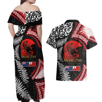 Tonga and New Zealand ANZAC Day Couples Matching Off Shoulder Maxi Dress and Hawaiian Shirt Gallipoli Lest We Forget Ngatu Art Tribal and Maori Tattoo with Fern LT03 - Polynesian Pride