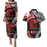 Tonga and New Zealand ANZAC Day Couples Matching Puletasi and Hawaiian Shirt Gallipoli Lest We Forget Ngatu Art Tribal and Maori Tattoo with Fern LT03 Black - Polynesian Pride