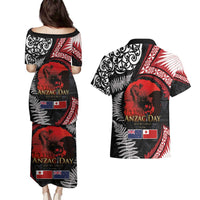Tonga and New Zealand ANZAC Day Couples Matching Puletasi and Hawaiian Shirt Gallipoli Lest We Forget Ngatu Art Tribal and Maori Tattoo with Fern LT03 - Polynesian Pride