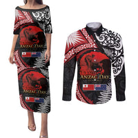 Tonga and New Zealand ANZAC Day Couples Matching Puletasi and Long Sleeve Button Shirt Gallipoli Lest We Forget Ngatu Art Tribal and Maori Tattoo with Fern LT03 Black - Polynesian Pride
