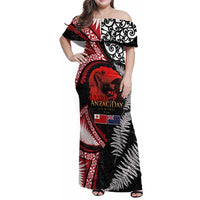 Tonga and New Zealand ANZAC Day Family Matching Off Shoulder Maxi Dress and Hawaiian Shirt Gallipoli Lest We Forget Ngatu Art Tribal and Maori Tattoo with Fern LT03 Mom's Dress Black - Polynesian Pride
