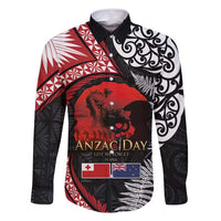Tonga and New Zealand ANZAC Day Family Matching Off Shoulder Short Dress and Hawaiian Shirt Gallipoli Lest We Forget Ngatu Art Tribal and Maori Tattoo with Fern LT03 Dad's Shirt - Long Sleeve Black - Polynesian Pride
