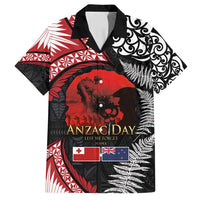 Tonga and New Zealand ANZAC Day Family Matching Puletasi and Hawaiian Shirt Gallipoli Lest We Forget Ngatu Art Tribal and Maori Tattoo with Fern LT03 Dad's Shirt - Short Sleeve Black - Polynesian Pride