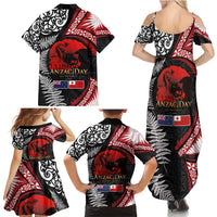 Tonga and New Zealand ANZAC Day Family Matching Summer Maxi Dress and Hawaiian Shirt Gallipoli Lest We Forget Ngatu Art Tribal and Maori Tattoo with Fern LT03 - Polynesian Pride