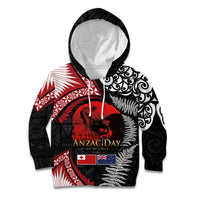 Tonga and New Zealand ANZAC Day Kid Hoodie Gallipoli Lest We Forget Ngatu Art Tribal and Maori Tattoo with Fern LT03 Hoodie Black - Polynesian Pride