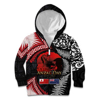 Tonga and New Zealand ANZAC Day Kid Hoodie Gallipoli Lest We Forget Ngatu Art Tribal and Maori Tattoo with Fern LT03 Zip Hoodie Black - Polynesian Pride