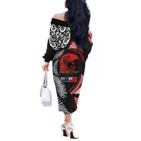 Tonga and New Zealand ANZAC Day Off The Shoulder Long Sleeve Dress Gallipoli Lest We Forget Ngatu Art Tribal and Maori Tattoo with Fern LT03 - Polynesian Pride