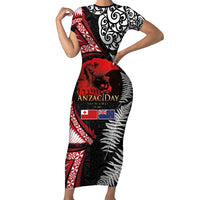 Tonga and New Zealand ANZAC Day Short Sleeve Bodycon Dress Gallipoli Lest We Forget Ngatu Art Tribal and Maori Tattoo with Fern LT03 Long Dress Black - Polynesian Pride