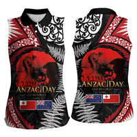 Tonga and New Zealand ANZAC Day Women Sleeveless Polo Shirt Gallipoli Lest We Forget Ngatu Art Tribal and Maori Tattoo with Fern LT03 - Polynesian Pride