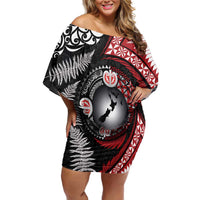 Tonga and New Zealand Together Off Shoulder Short Dress Ngatu Art Tribal Maori Tattoo and Silver Fern LT03 Women Black - Polynesian Pride