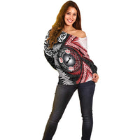 Tonga and New Zealand Together Off Shoulder Sweater Ngatu Art Tribal Maori Tattoo and Silver Fern LT03 - Polynesian Pride