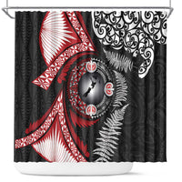 Tonga and New Zealand Together Shower Curtain Ngatu Art Tribal Maori Tattoo and Silver Fern LT03 Black - Polynesian Pride