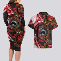 Tonga and Australia Together Couples Matching Long Sleeve Bodycon Dress and Hawaiian Shirt Ngatu Art Tribal Aboriginal Tattoo Pattern LT03 - Polynesian Pride