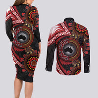 Tonga and Australia Together Couples Matching Long Sleeve Bodycon Dress and Long Sleeve Button Shirt Ngatu Art Tribal Aboriginal Tattoo Pattern LT03 - Polynesian Pride