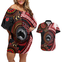 Tonga and Australia Together Couples Matching Off Shoulder Short Dress and Hawaiian Shirt Ngatu Art Tribal Aboriginal Tattoo Pattern LT03 Black - Polynesian Pride