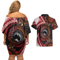 Tonga and Australia Together Couples Matching Off Shoulder Short Dress and Hawaiian Shirt Ngatu Art Tribal Aboriginal Tattoo Pattern LT03 - Polynesian Pride