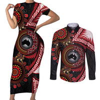 Tonga and Australia Together Couples Matching Short Sleeve Bodycon Dress and Long Sleeve Button Shirt Ngatu Art Tribal Aboriginal Tattoo Pattern LT03 Black - Polynesian Pride