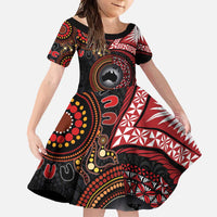 Tonga and Australia Together Family Matching Long Sleeve Bodycon Dress and Hawaiian Shirt Ngatu Art Tribal Aboriginal Tattoo Pattern LT03 Daughter's Dress Black - Polynesian Pride